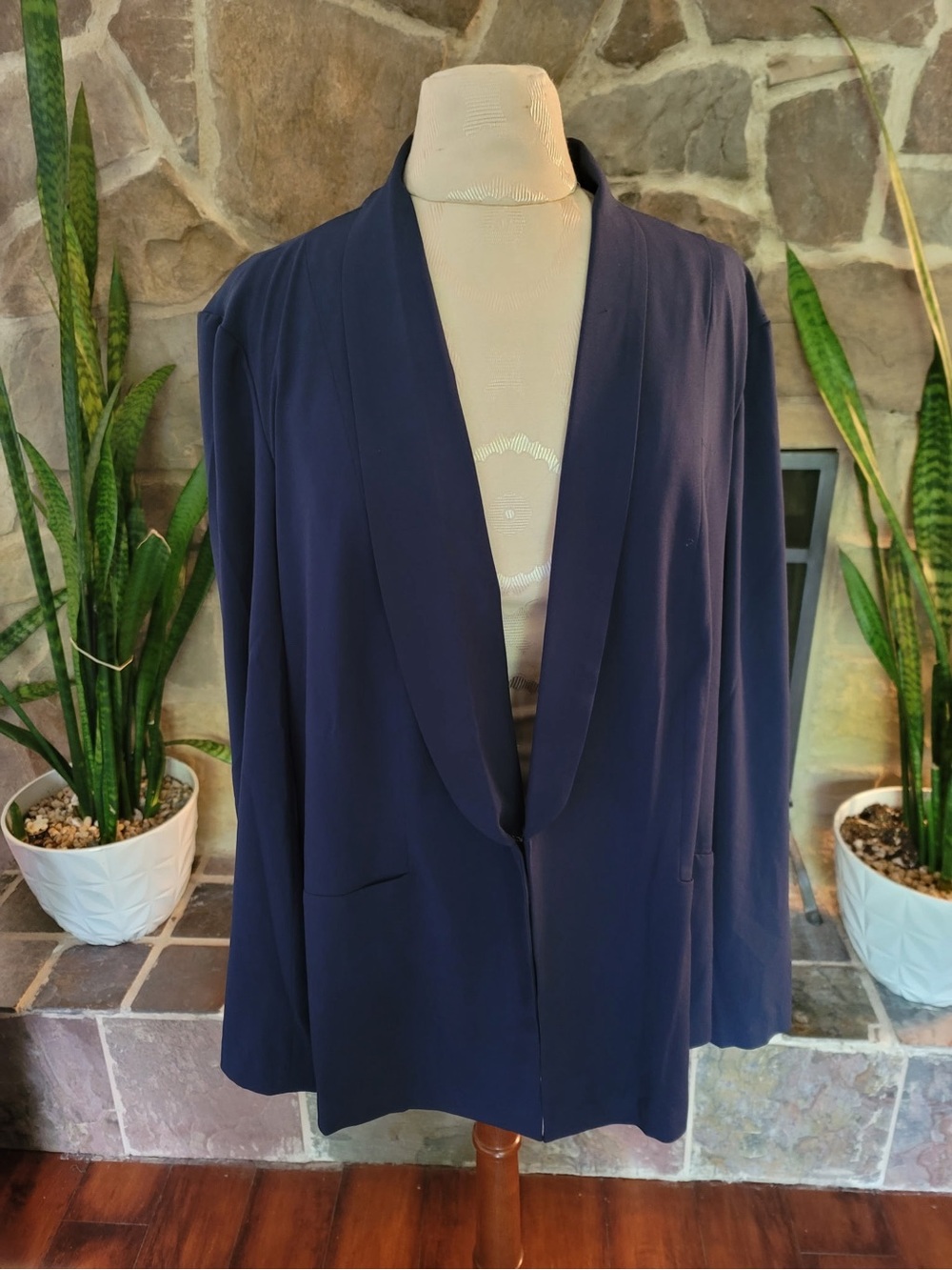 Minna Navy Blue Open Front Blazer Sz 2X Draped Shawl Collar Plus Long Sleeve